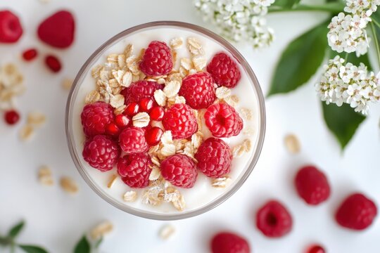 Fresh raspberry yogurt parfait topped with granola and pomegranate seeds in natural lighting