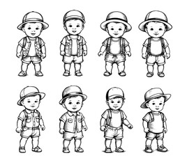 Happy babies in various hats and summer clothes illustrations in black and white