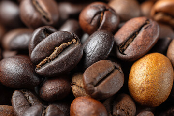 Roasted coffee bean shows its rich, inviting texture and warm color, making you feel content and delighted by aroma of coffee