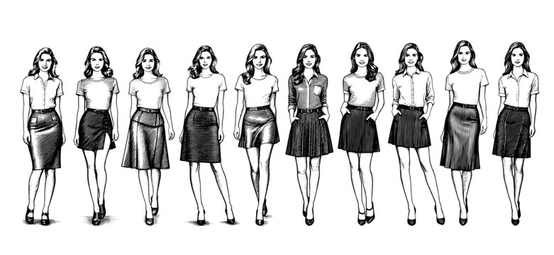 Elegant women in various skirts fashion illustration in black and white,vintage