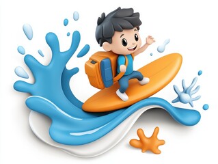 Child Surfs a Wave with Backpack