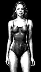 High contrast woman swimsuit illustration in black and white portrait