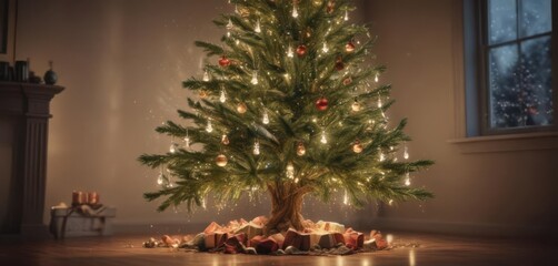 A sparkling Christmas tree; soft-focus lights create a magical aura ,  backdrop,  blur