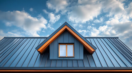 The upper part of the house. The roof of the house from a metal profile against the sky.