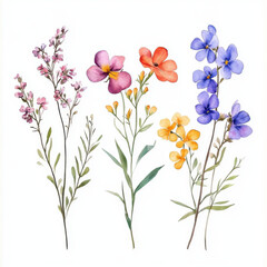 Beautiful watercolor illustration of various flowers, showcasing delicate petals in shades of pink, purple, orange, and blue. arrangement highlights natural beauty and diversity of floral designs