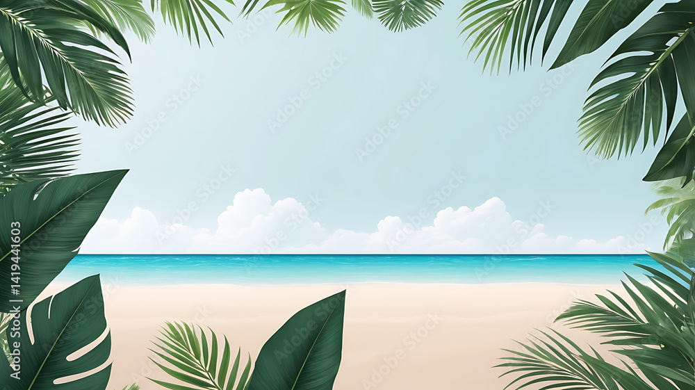 Fototapete tropical smooth frame with green palm tree leaves on the sides and clear beach in the center on a ba