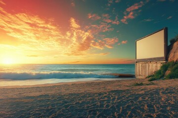 Fototapeta premium Outdoor movie screen at the beach during a vibrant sunset over the ocean