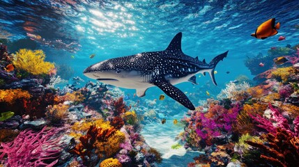 Fototapeta premium Majestic Whale Shark Gracefully Navigates Vibrant Coral Reef