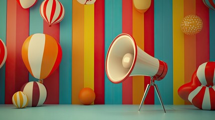 Whimsical Communication: Retro Megaphone Amidst Colorful Striped Fantasy Setting