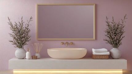 Fototapeta premium A droplet-shaped glass lavabo floating above a high-gloss mirror slab, surrounded by soft white lighting and ultra-clean minimalist surroundings, the sink glowing subtly.