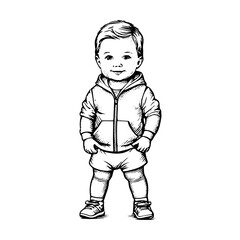 Toddler in Hoodie Standing Black and White Vintage Illustration