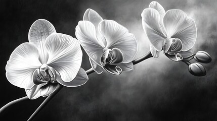 Grayscale orchid flowers, elegant bloom, soft light, artistic depiction, botanical still life