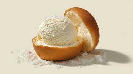 Ice cream in a bun,  a scoop of vanilla ice cream nestled in a soft bun, sprinkled with coconut flakes
