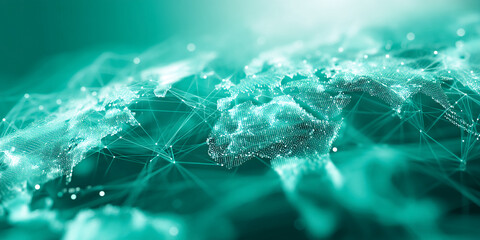 Teal abstract world map, glowing nodes and lines, representing global network, connection, communication, technology, digital world, futuristic concept