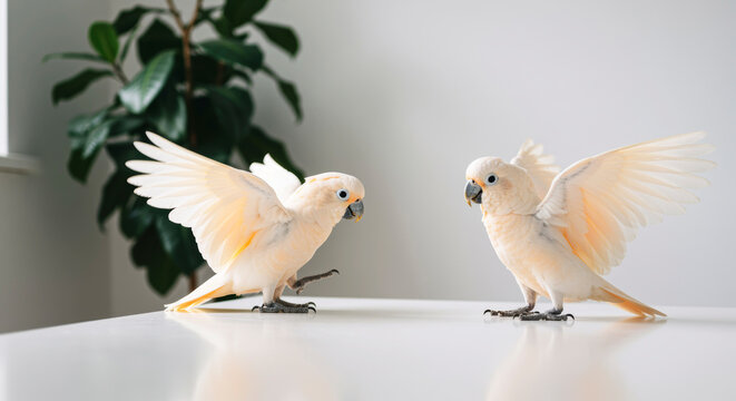 Two White Parrots Playing Indoors with Minimalist Plant Decor