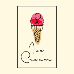 Ice Cream poster. Ice cream waffle cone and handwritten lettering. Ice cream logo. Doodle vector Illustration for design, poster, banner, menu, recipes restaurant, bar, cafe, menu, ice cream store