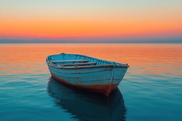 Naklejka premium Peaceful sunrise, old boat floats on calm lake