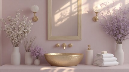Fototapeta premium A glamorous bathroom with a hammered gold sink and velvet wall tiles in dusty rose, accented by floral sconces and natural morning light from a skylight. Created Using: romantic color grading,