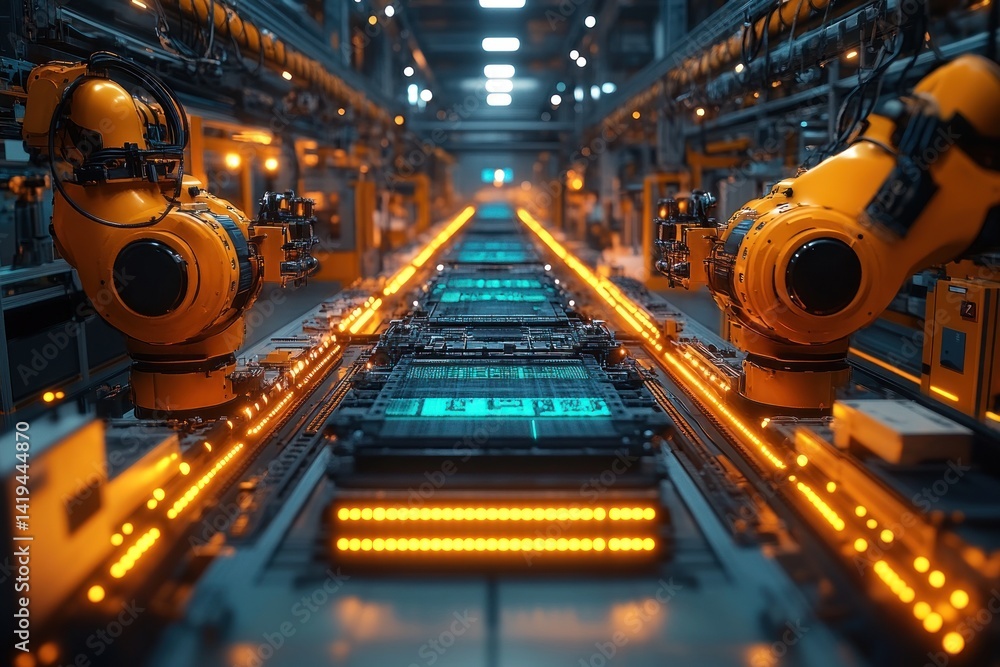 Poster automated manufacturing line with orange robots