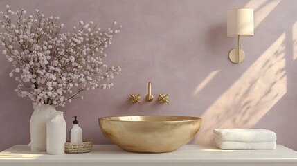 A glamorous bathroom with a hammered gold sink and velvet wall tiles in dusty rose, accented by floral sconces and natural morning light from a skylight. Created Using: romantic color grading,