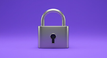 A silver padlock centered on a purple background with a simple and clean minimalist presentation style