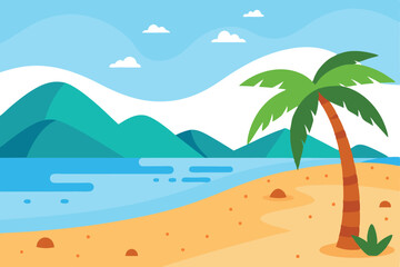 Obraz premium Tropical beach with palm tree, sand, sea, hills & sky design