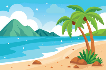 Obraz premium Tropical beach with palm trees, sandy shore, blue water, mountain, and cloudy sky