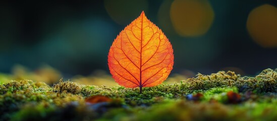 Autumn Leaf on Mossy Ground, Bokeh Background