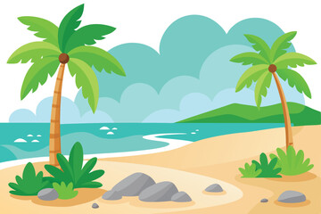 Obraz premium Tropical Island Beach Scenery with Palm Trees, Sand, Ocean and Sky,