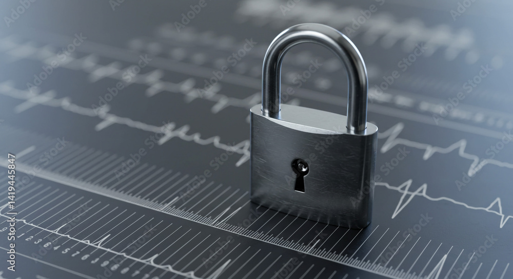 Poster a close up of a silver padlock on a dark background with white lines and a heart rate monitor line