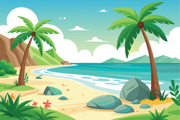 Obraz premium Tropical Sandy Beach with Palm Trees, Turquoise Sea, Sky, and Landscape Elements