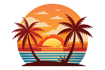 Tropical Palm Trees Silhouette With Sunset Circle Landscape, Isolated on White