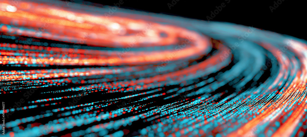Poster abstract swirl of orange and blue dots on a black background with a shallow depth of field effect