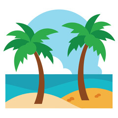 Tropical Seascape with Palm Trees Beach and Blue Sky Flat Design