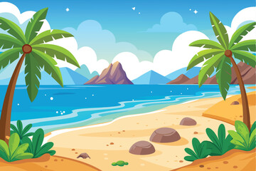 Obraz premium Tropical Seaside Panorama with Palm Trees and Cartoon Mountain Landscape View