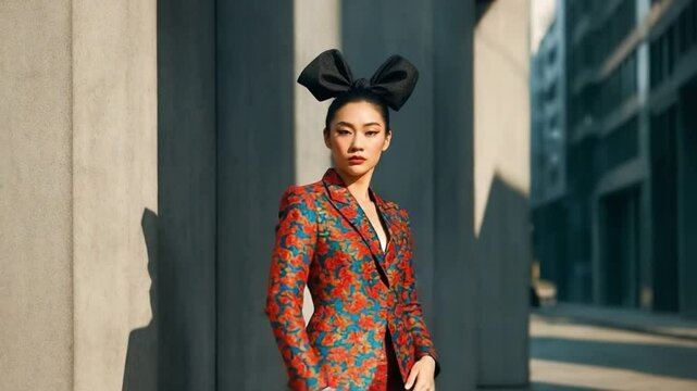 Fashion model posing in stylish red floral suit and big black bow