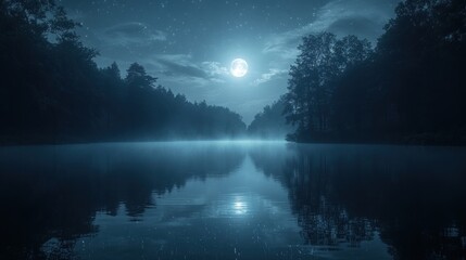 Misty Moonlight Lake, Forest Silhouettes, Peaceful Night
