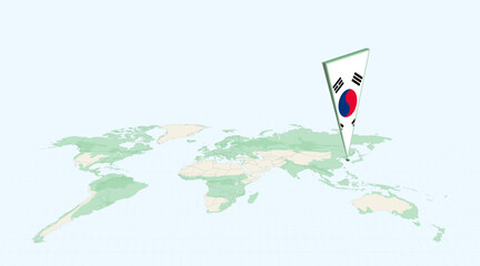 Highlighted South Korea on Global Map with 3D Flag Location Pin of South Korea.