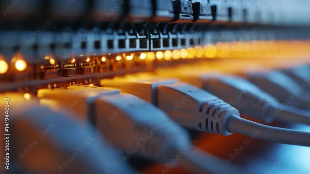 Aufkleber Network Cables Connected: A close-up view of neatly arranged network cables plugged into a server rack, illustrating the core of modern technological communication and data transfer.
