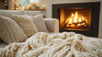 Fototapeta premium Cozy living room with fireplace and throws