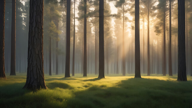 Close-up of golden light filtering through tall pine trees dew on the green grass and faint mist rolling through in the natural background. - Powered by Adobe