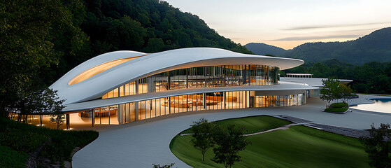 Exploring a serene hillside modern building, nature's embrace, wide angle photography, innovative design, tranquil environment