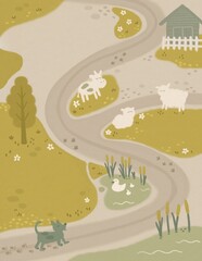Country farm animals picture featuring a cow, sheep, ducks, and a dog along a peaceful countryside path. Perfect for rustic baby shower invitation, kids or nursery book illustrations, greeting cards.