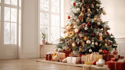 Christmas tree decorated with ornaments and gifts. A cozy and festive scene, perfect for the holiday season.