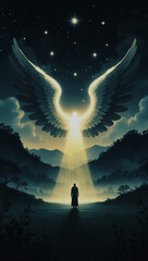 Majestic Angel Descending, Guiding Light on a Misty Mountain Path