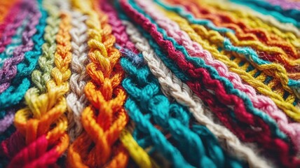 A close-up of vibrant, hand-crocheted colorful threads arranged in beautiful patterns, showcasing a variety of rainbow colors and intricate stitching techniques