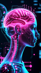 Futuristic illustration of a human head with glowing brain and neural network