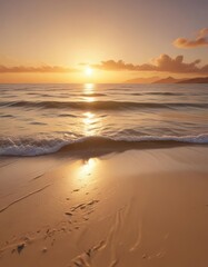 Obraz premium Golden sand, gentle waves lapping shore, distant island silhouette against sunset, dusk, sky