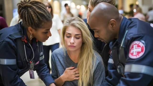 Paramedics assisting young woman experiencing chest pain in crowded area