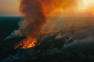 Obraz premium Massive wildfire engulfs a dense forest at sunset.